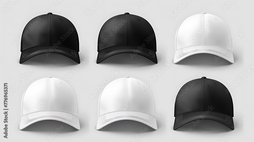 Realistic baseball cap front view mockup set with text logo template. Realistic baseball cap front view mockup set with text logo template.