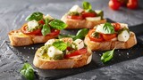 Exquisite Bruschetta Adorned with Mozzarella, Pesto, and Fresh Tomatoes, Against a Sophisticated Gray Texture
