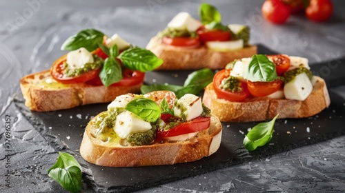 Exquisite Bruschetta Adorned with Mozzarella, Pesto, and Fresh Tomatoes, Against a Sophisticated Gray Texture