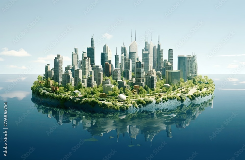 Innovative sustainable urban architecture integrates biotech green design to tackle ecological concerns, climate change, and overpopulation. - obrazy, fototapety, plakaty 