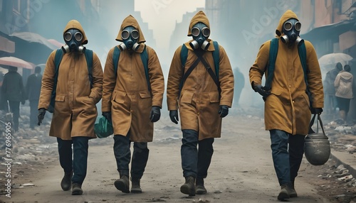 Group of people in gas masks walking through a polluted city, global pollution photo
