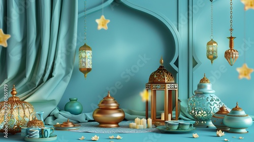 Ramadan Decoration on Blue Pattern Table 3D Banner. 2024 Concept