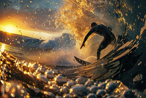 Surfer catching a wave at sunset © Philippova