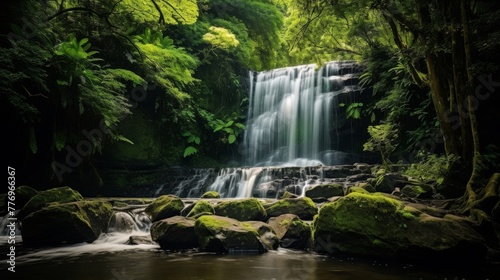 Tranquil waterfall with lush greenery in scenic view