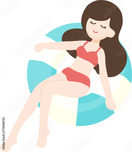 A joyful girl enjoys summer on the beach in her bikini, embodying relaxation, health, and happiness flat vector illustration