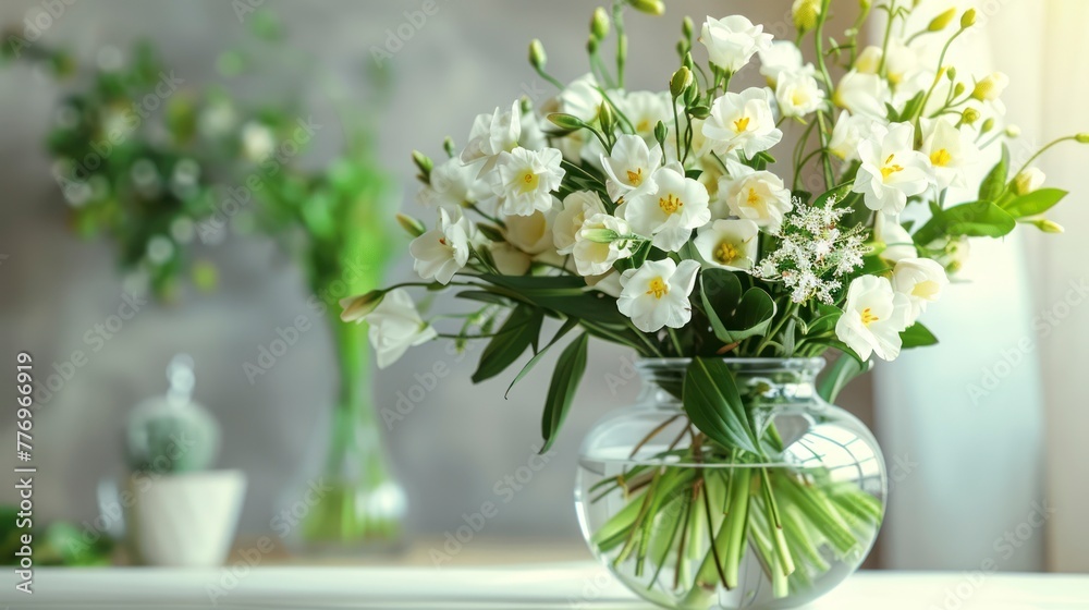 A Stunning Bouquet of White Freesia Flowers Adorning a Table at Home