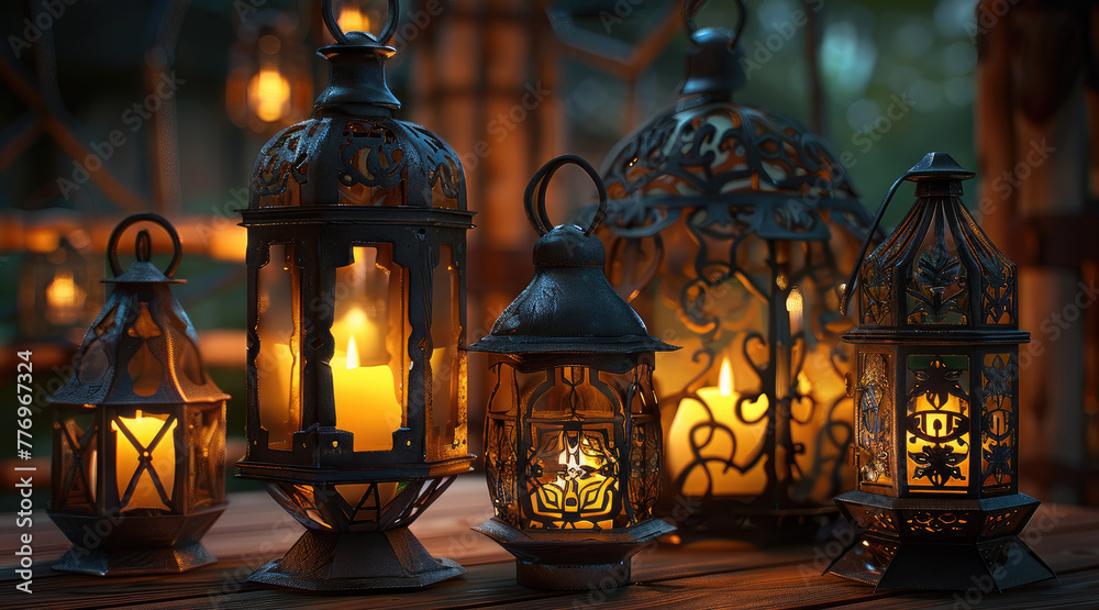 Arrangement of lanterns, fantasy medieval lamps, dark metal and warm candle light, sitting on a wooden table. Generative AI.