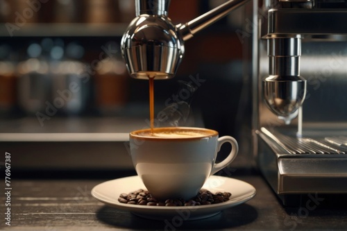 a cup of coffee near the coffee machine