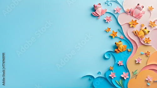 flat lay background concept with paper frogs for summer vacation with top view and copy space, top view. creative minimal banner on flat colorful spring background