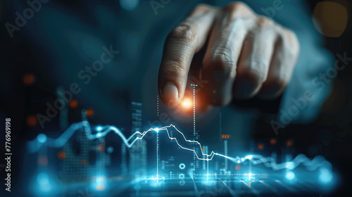 Businessman touching glowing upward arrow on virtual screen, a growing graph showing business growth in the concept with the businessman pointing at a positive line chart. Generative AI.