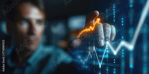 Businessman touching glowing upward arrow on virtual screen, a growing graph showing business growth in the concept with the businessman pointing at a positive line chart. Generative AI.