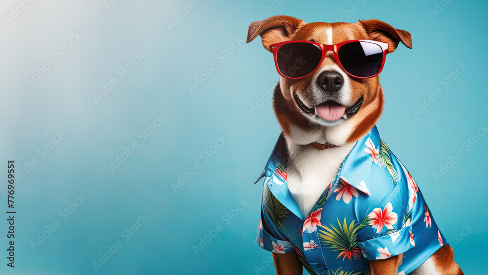 Dog in sunglasses and Hawaiian shirt on blue background with space for text. - obrazy, fototapety, plakaty 