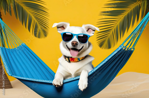 funny Dog in sunglasses and Hawaiian shirt in a hammock on a yellow background , summer , traveling.