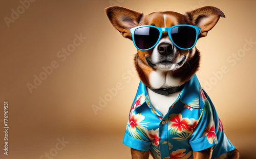 Dog in sunglasses and Hawaiian shirt with space for text.