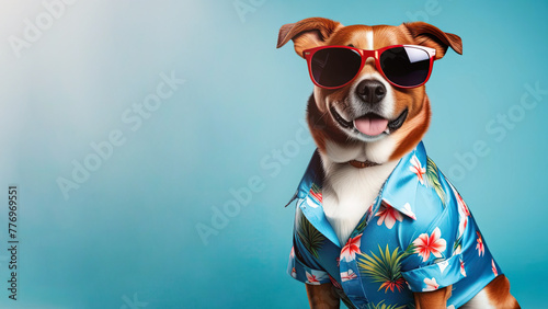 Dog in sunglasses and Hawaiian shirt on blue background with space for text. © Наталья Майшева