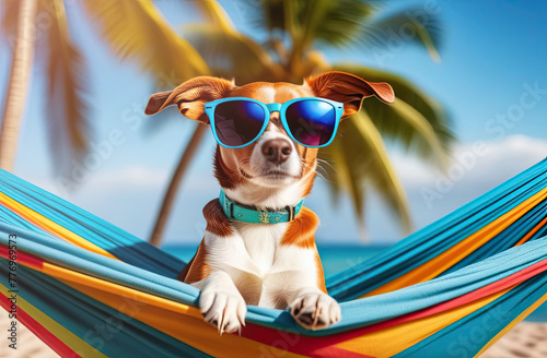 funny Dog in sunglasses Hawaiian shirt cap sunglasses in a hammock , summer , traveling.