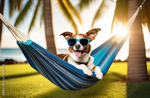 funny Dog in sunglasses Hawaiian shirt cap sunglasses in a hammock , summer , traveling. © Наталья Майшева