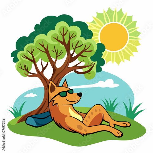 T-shirt sticker featuring a relaxed dog lounging under a shaded tree  soaking up the sun