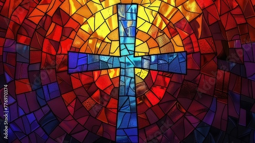 Christian cross depicted in a stained glass window
