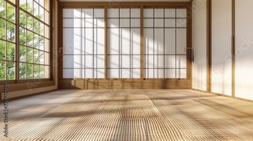 The Peaceful Ambiance of a Japanese-Style Room, with Tatami Mat Floors and Wood Shoji Windows Shaping the Interior Landscape