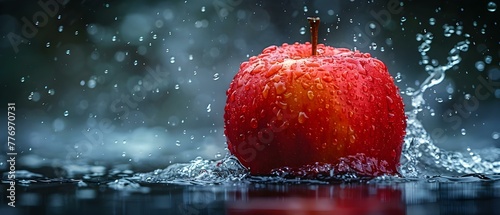 Red apple splashed into water creating a spray of droplets in all directions. Concept Food Photography, Splash Photography, Fruit and Water, High Speed Capture, Dynamic Still Life