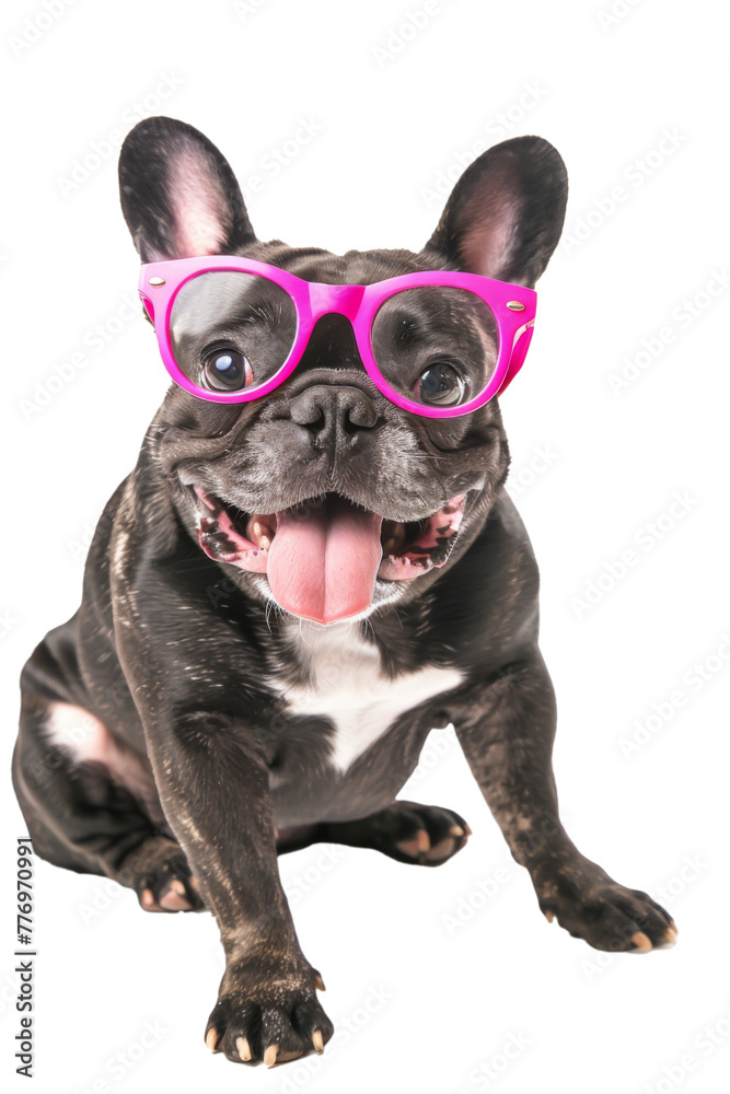 Funny french bulldog or frenchie, wearing pink glasses, tongue out, sitting, white transparent background