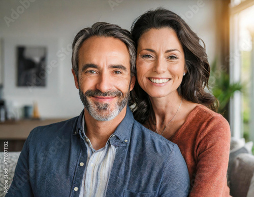 portrait man woman 40 year old couple in living room home