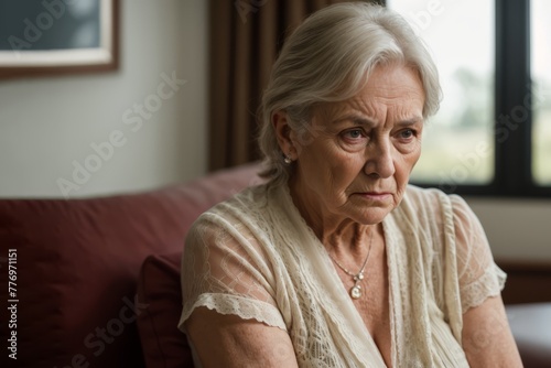 Senior woman lonelyness concept, sad elderly female retirement crisis photo