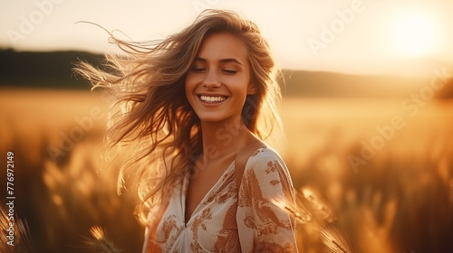 Portrait of calm happy smiling free woman with closed eyes photo