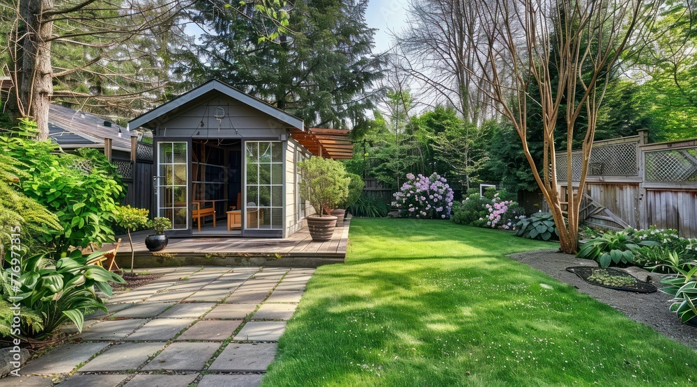 A Vibrant Summer Backyard Complete with a Handy Shed and a Relaxing Walkout Deck, Ideal for Sun-Soaked Days