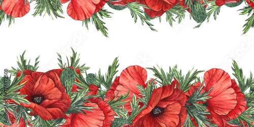 Red poppies with buds and leaves. Hand-drawn watercolor illustration. Seamless border