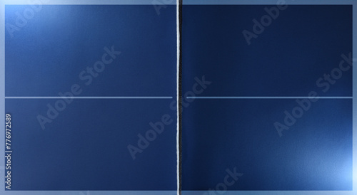 Top view of blue ping pong playing surface