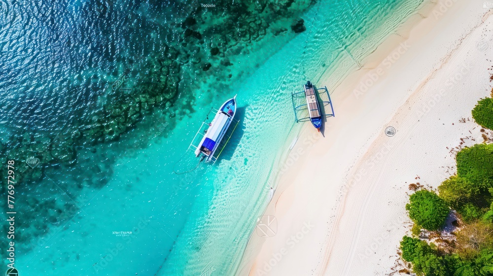An Aerial Perspective on a Pristine White Sandy Beach, Graced by a Speed Boat for Adventurous Travelers