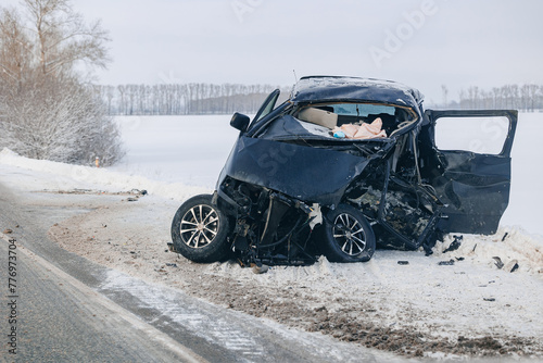 Accident winter road with snow, crashed cars total damage