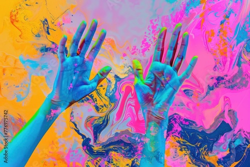 Modern pop art collage with neon colors hands gestures psychedelic design.