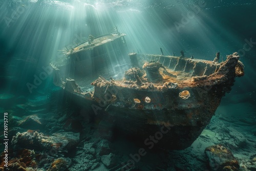Sunken ship on the seabed, capturing its weathered structure and the surrounding marine life, depicted with a focus on historical and underwater exploration © Nattadesh