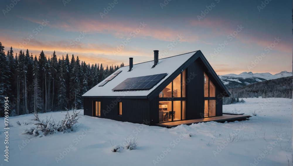 Scandinavian-style minimalist cabin with sleek solar panels lining its gabled roof, offering off-grid tranquility in a snow-capped wilderness.