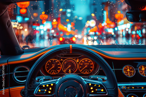 interior inside salon of modern luxury car close up. Dashboard and steering wheel