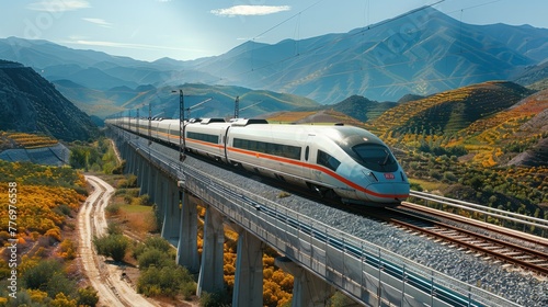Elevated high speed rail train passing through hills. Generative AI.