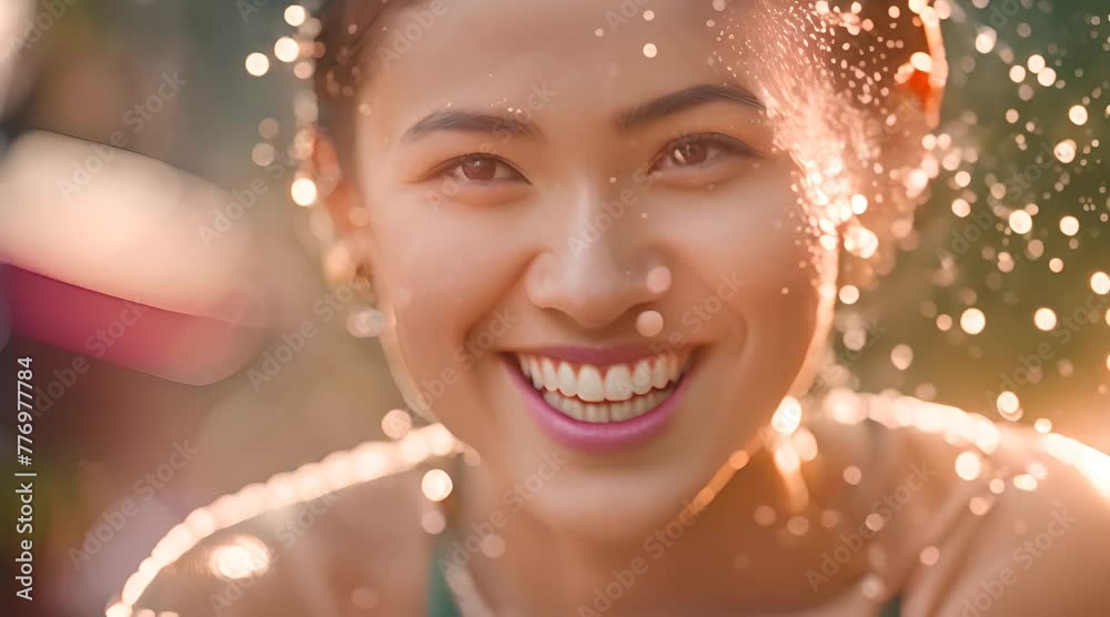 Close-up of young woman celebrates Songkran, the Thai New Year, by splashing water on friends and family Close-up of young woman celebrates Songkran, the Thai New Year, by splashing water on friends and family
