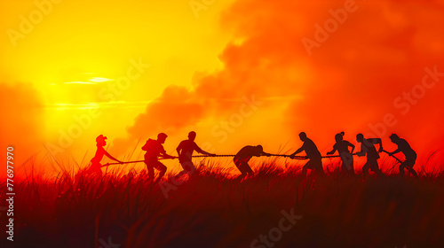 Silhouetted people working together against a fiery sunset. Teamwork and collaboration in nature. Artistic outdoor lifestyle scene. Inspiring group activity captured at dusk. AI