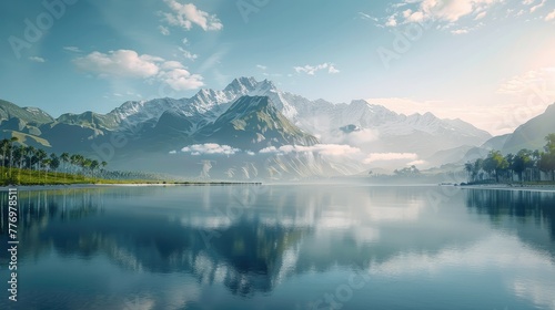 Mountains in the background and water in the front. Generative AI.