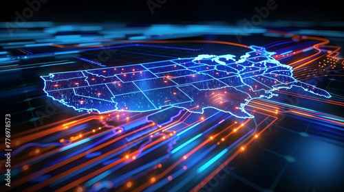 digital map of the USA with bright lines and dots symbolizing nationwide connectivity and data flow.