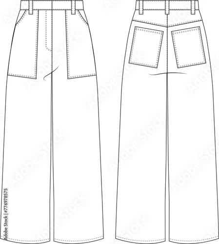 with pocket wide leg sailor mid rise mid waist jean denim pant trouser  template technical drawing flat sketch cad mockup fashion woman design style model
