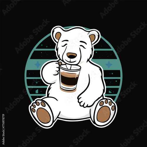 
A fun and whimsical T-shirt design featuring a cartoon polar bear drinking coffee. the illustration of polar bear enjoying drink coffee in beautiful moment