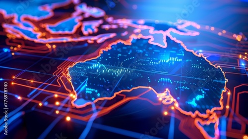  A digital world map of australia with glowing outlines, symbolizing global connectivity and data exchange in a technologically integrated world. photo