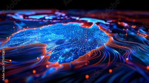 a vibrant digital landscape, resembling a futuristic topographical map with radiant blue and red hues highlighting