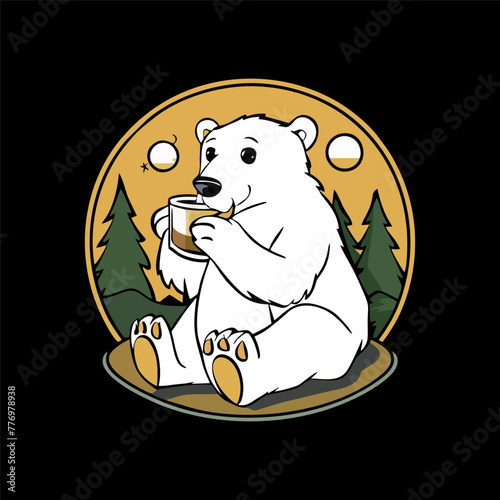 
A fun and whimsical T-shirt design featuring a cartoon polar bear drinking coffee. the illustration of polar bear enjoying drink coffee in beautiful moment