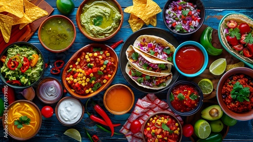 Colorful Array Of Mexican Cuisine, Including Tacos, Guacamole, Salsa, And Condiments. Top View. Cinco de Mayo Celebration, Restaurant Menus, or Food Blogs. AI Generated