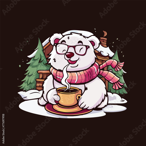 
A fun and whimsical T-shirt design featuring a cartoon polar bear drinking coffee. the illustration of polar bear enjoying drink coffee in beautiful moment